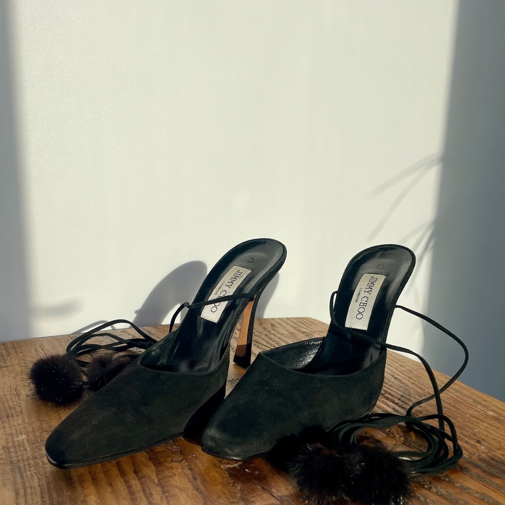 Jimmy Choo Black Suede Heels with Pom Poms